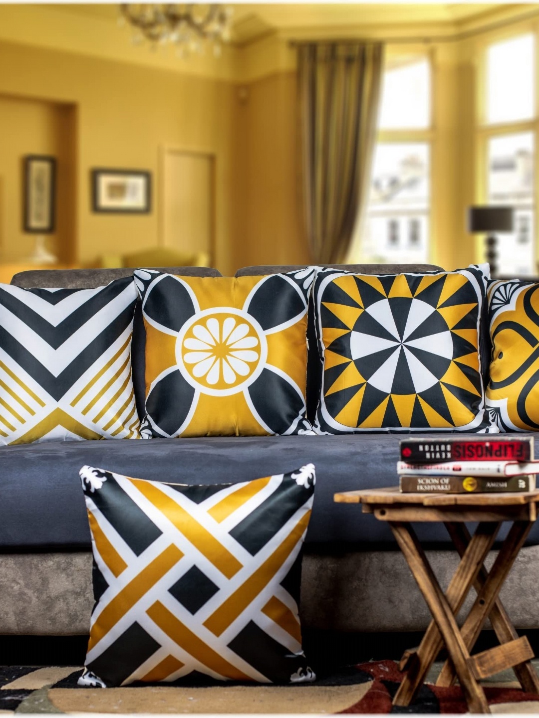 

Vendola Yellow and Black 5 Pieces Ethnic Motifs Printed Satin Square Cushion Covers