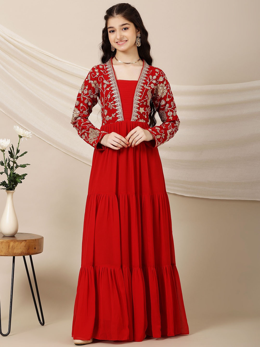 

Inddus Girls Floral Embroidered A-Line Maxi Ethnic Dresses, Red