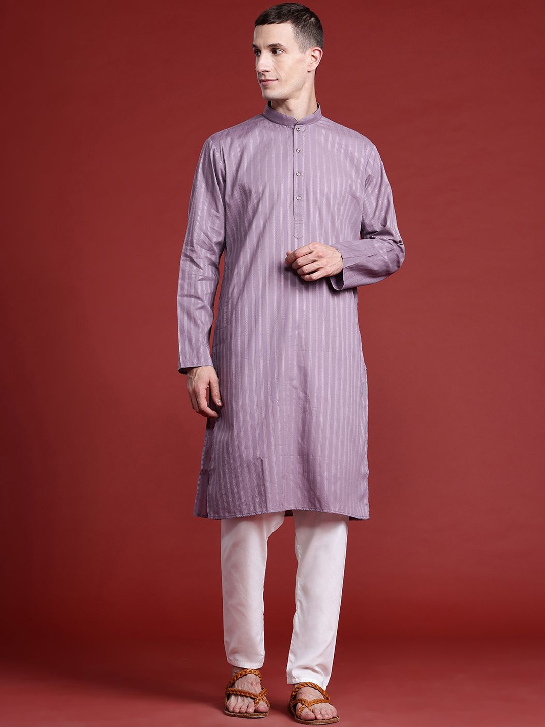 

MANQ Striped Embroidered Thread Work Mandarin Collar Pure Cotton Straight Kurta, Mauve