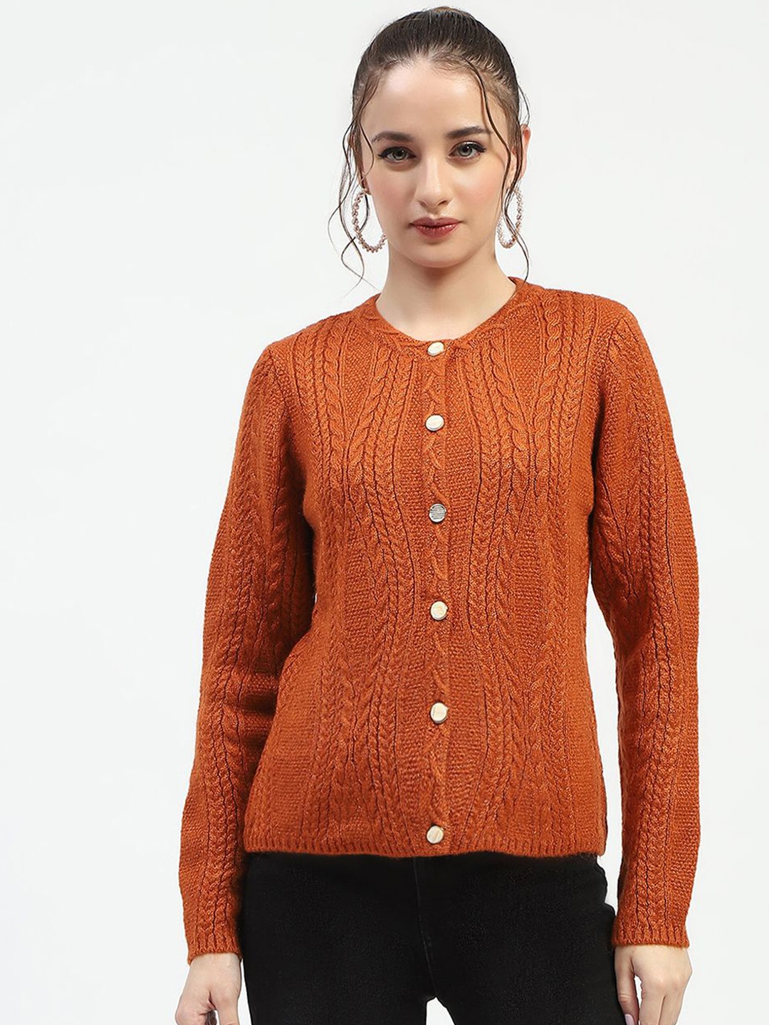 

Madame Women Self Design Cable Knit Cardigan, Orange