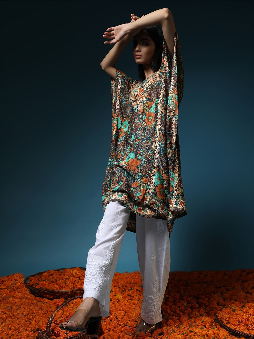 

HOUSE OF KARI Floral Print Satin Kaftan Dress, Multi
