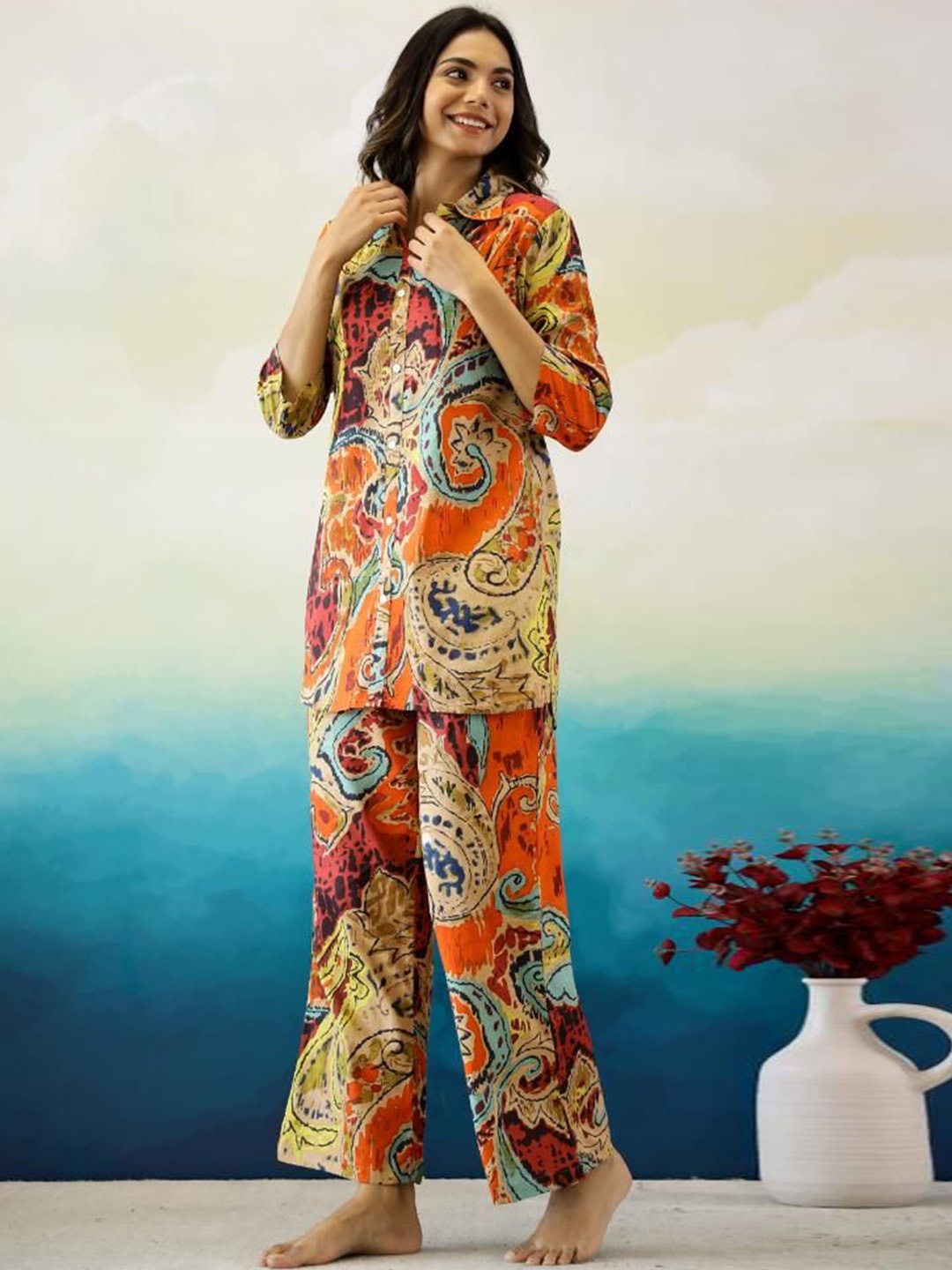 

FLAVIA CREATION Printed Pure Cotton Shirt & Trouser, Beige