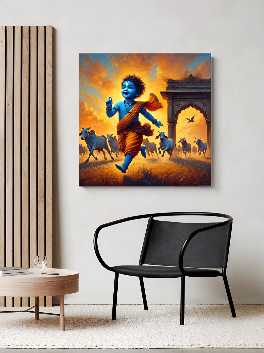 

999Store Yellow & Blue Lord Krishna Printed Religious Canvas Painting Wall Art