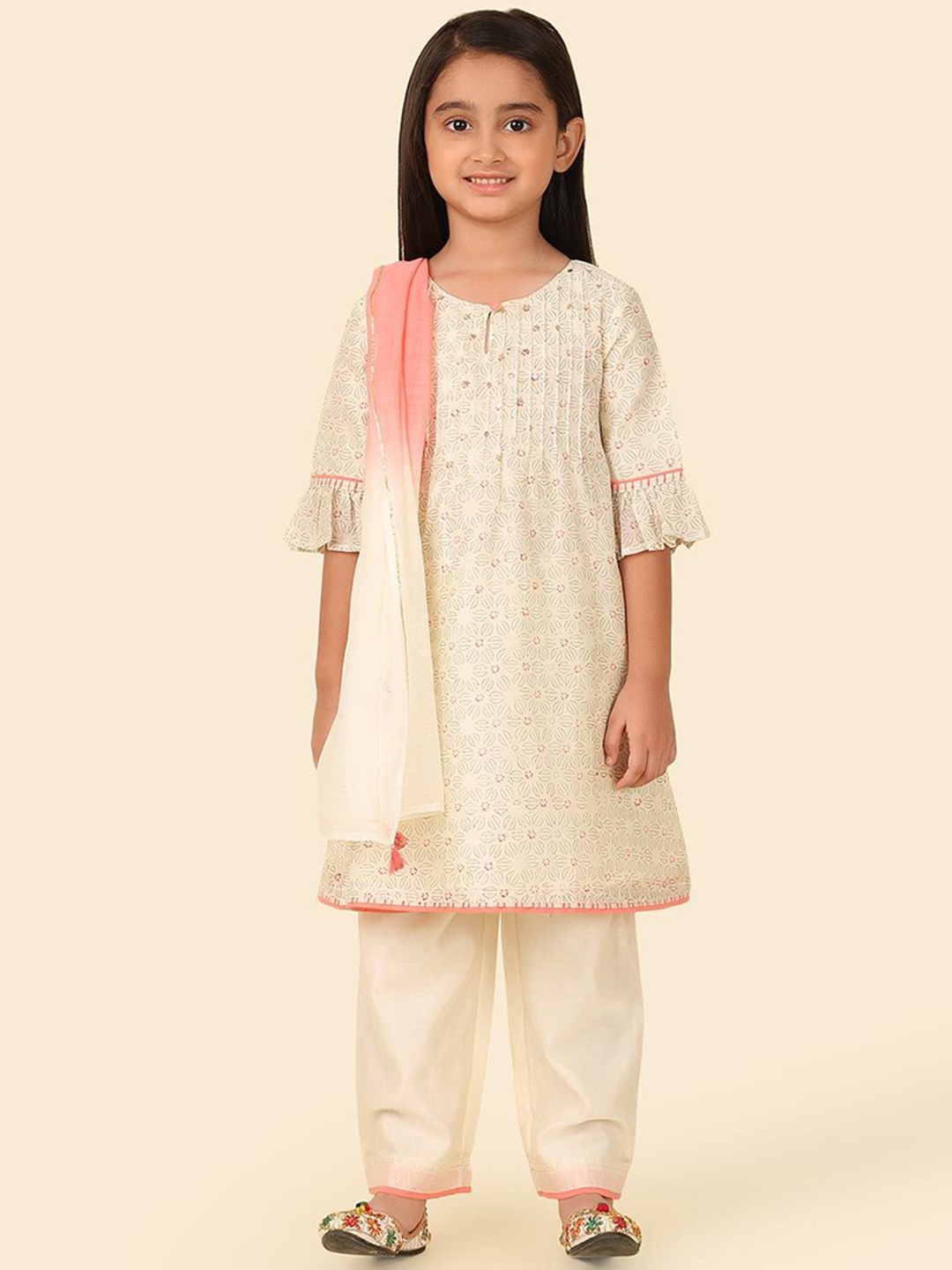 

Fabindia Girls Ethnic Motifs Printed Regular Sequinned A-Line Kurta with Salwar & Dupatta, White