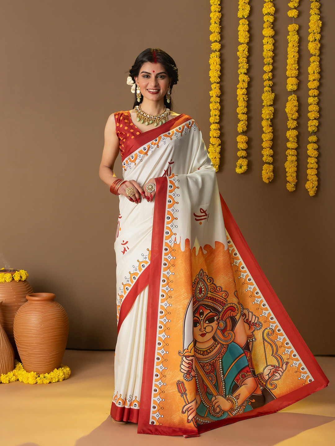 

RACHNA Ethnic Motifs Printed Tussar Saree, Off white