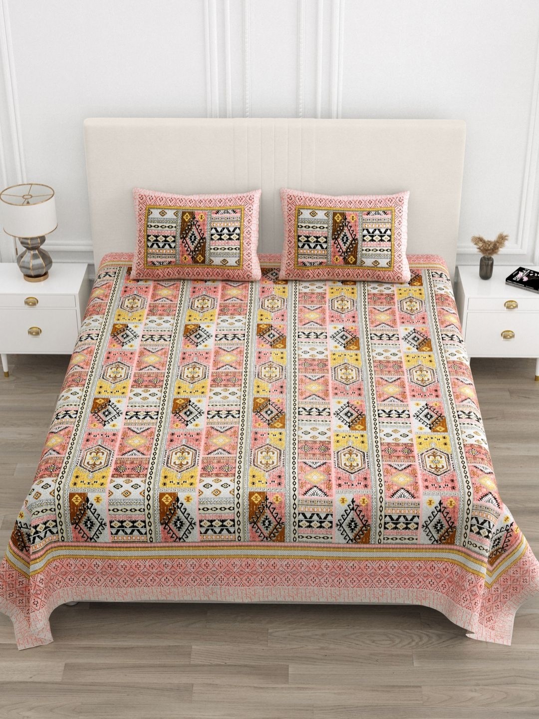 

DOLLIFI Pink & Grey Floral Printed Cotton 300 TC King Bedsheet with 2 Pillow Covers
