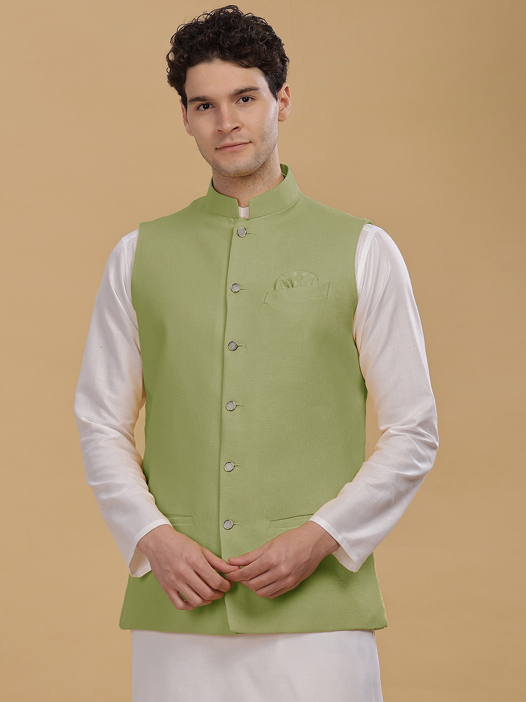 

Anouk Men Self Design Nehru Jacket, Green