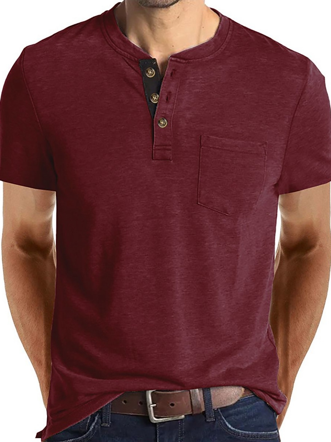 

StyleCast x Revolte Men Solid Henley Neck T-shirt, Maroon