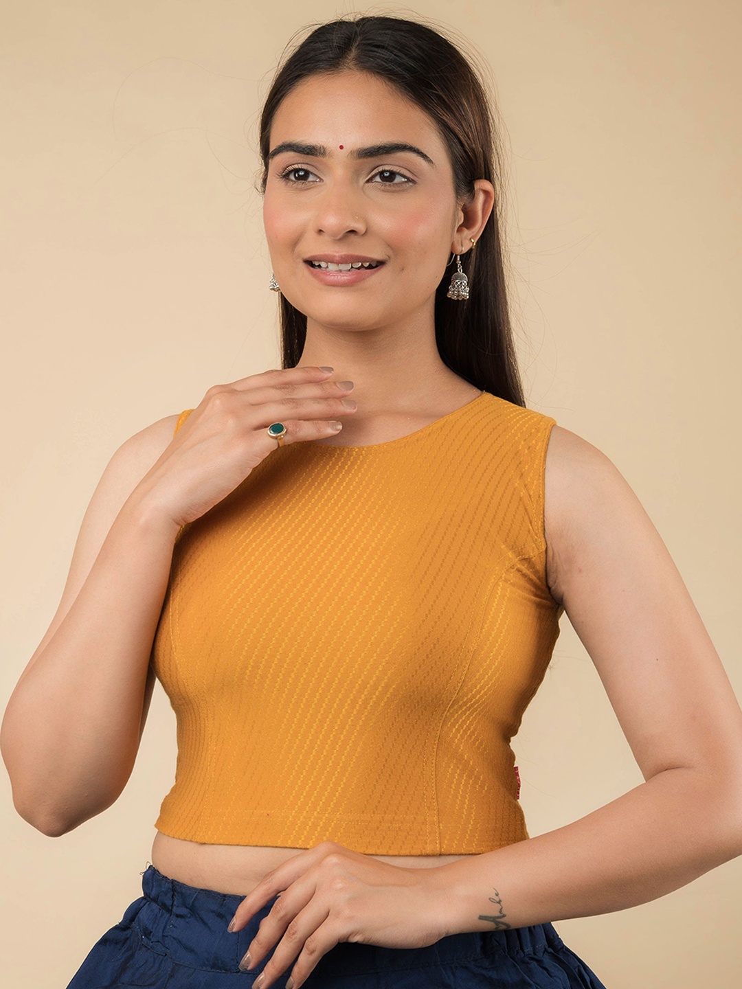 

Bindigasm's Advi Sleeveless Stretchable Cotton Saree Blouse, Mustard
