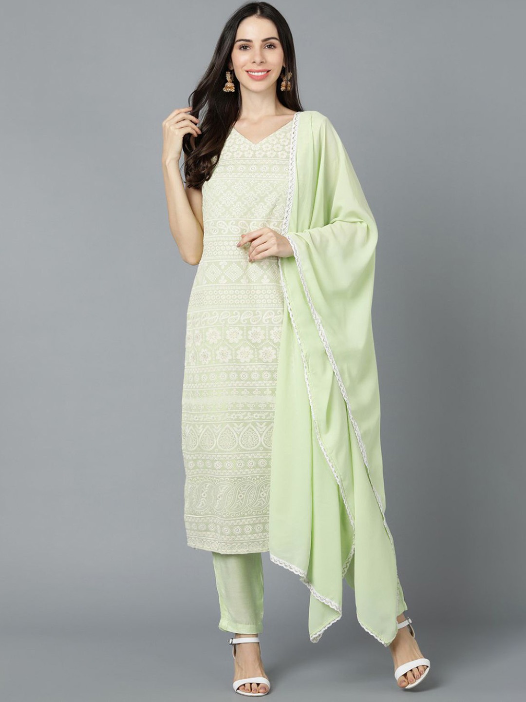 

KALINI Women Ethnic Motifs Embroidered Regular Thread Work Kurta with Trousers & With Dupatta, Green