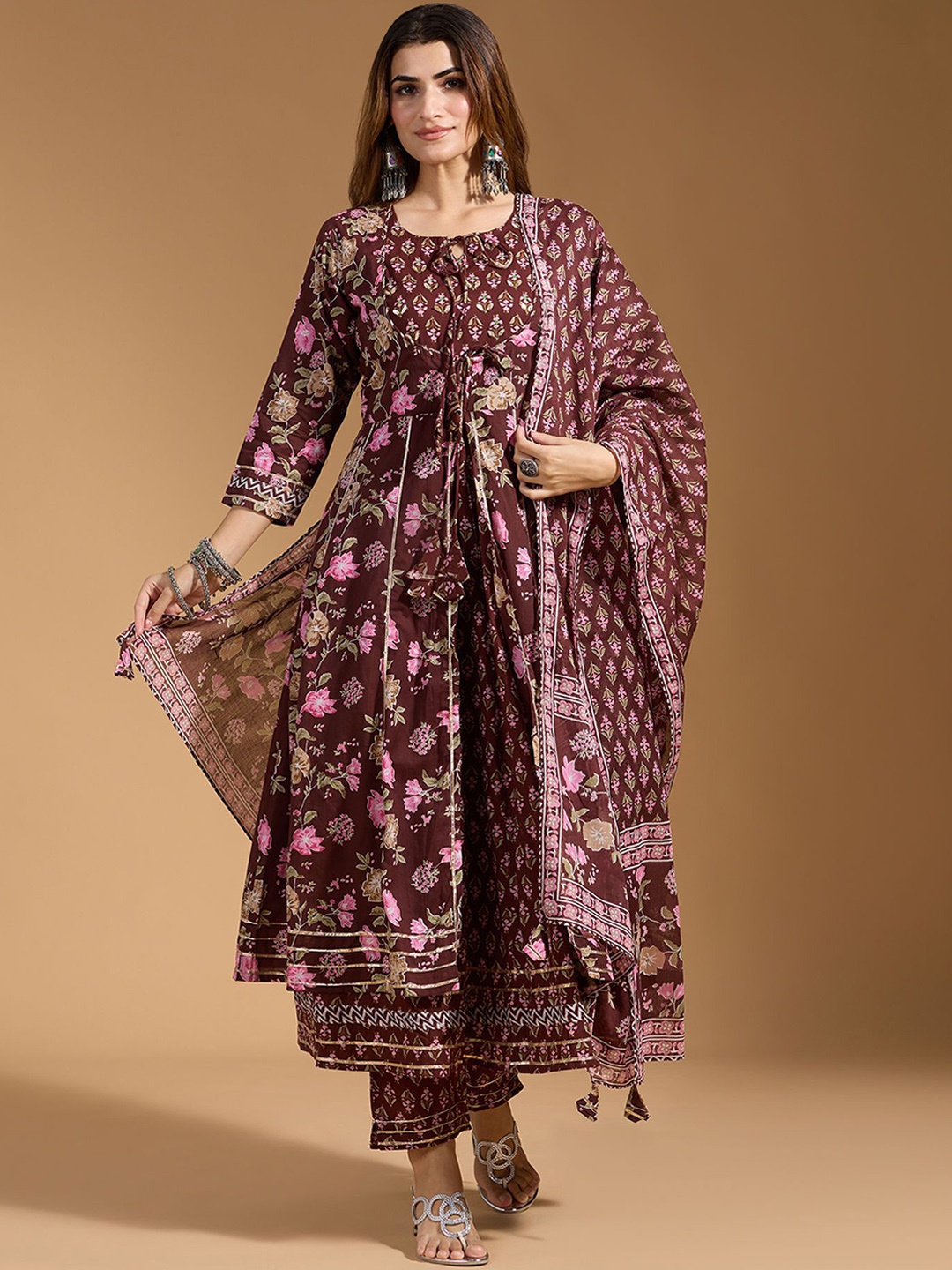 

KAVINDI Floral Printed Cotton Anarkali Kurta With Trousers & Dupatta, Brown