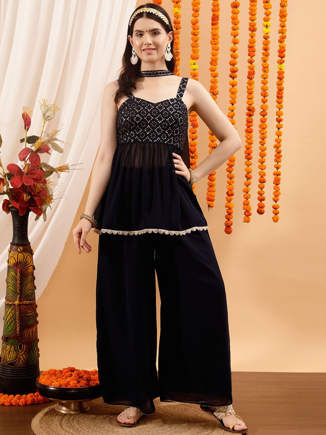

indo street Embroidered Sleeveless Top & Palazzo With Dupatta, Navy blue