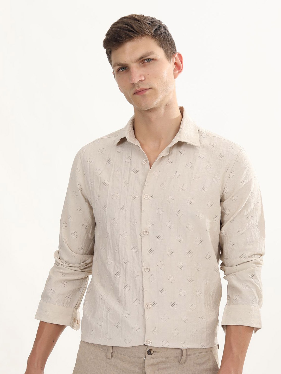 

POE Men Smart Slim Fit Opaque Casual Shirt, Beige