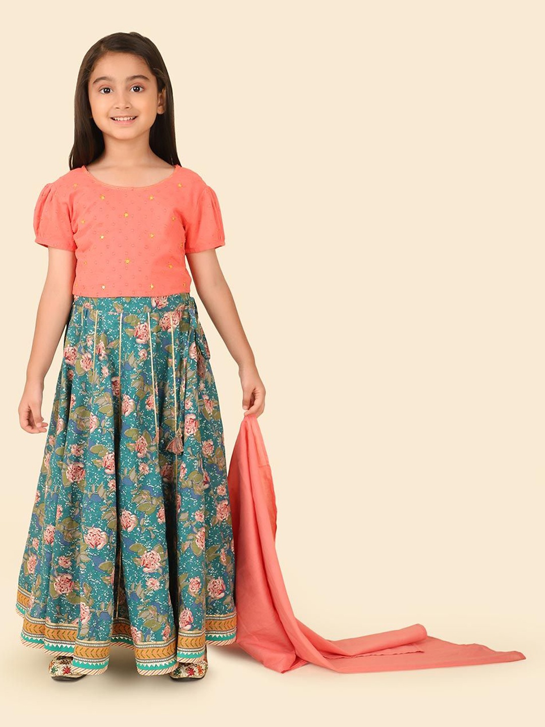 

Fabindia Girls Floral Printed Sequinned Cotton Ready to Wear Lehenga & Blouse With Dupatta, Orange