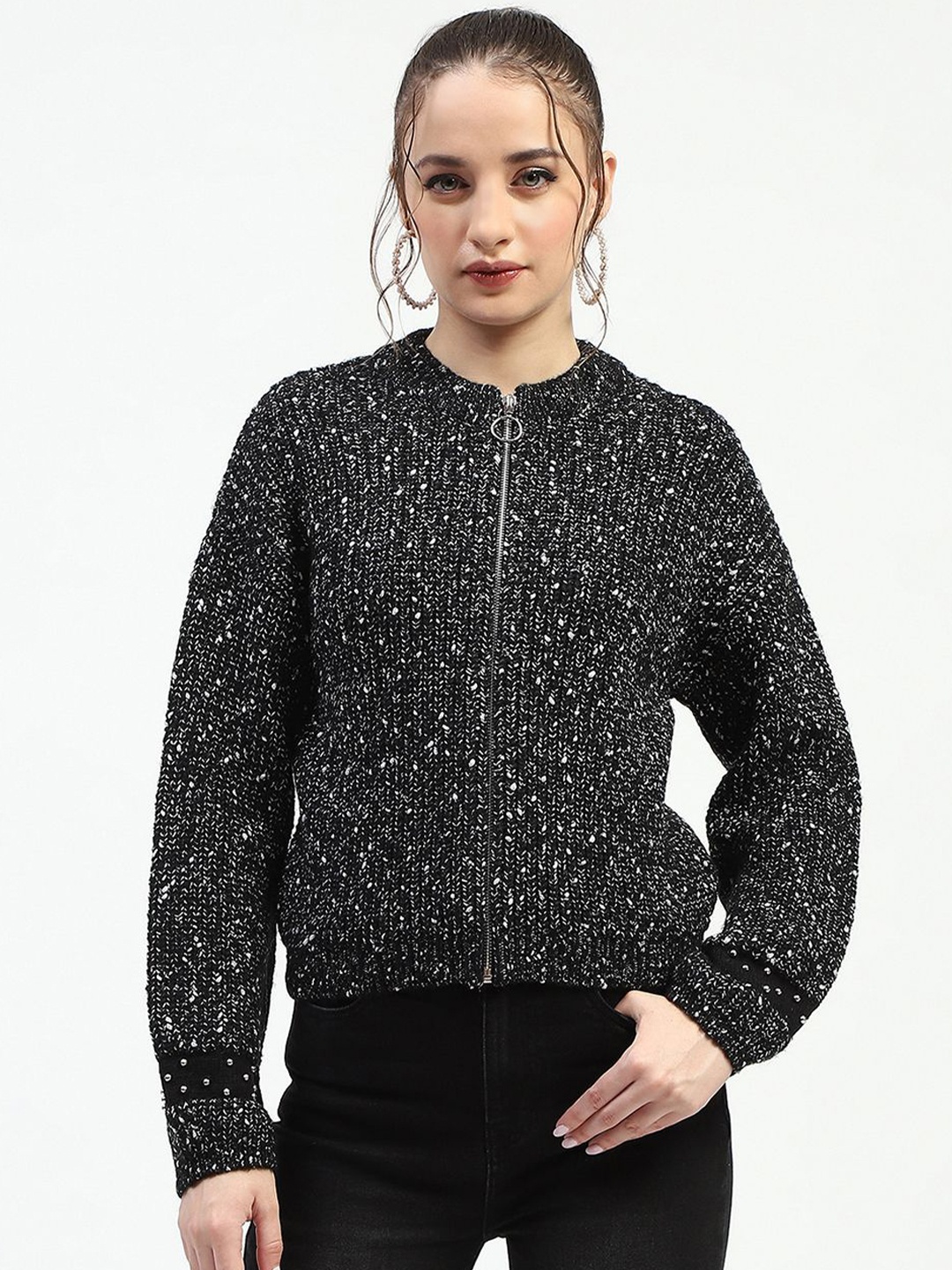 

Madame Women Self Design Embellished Cardigan, Black