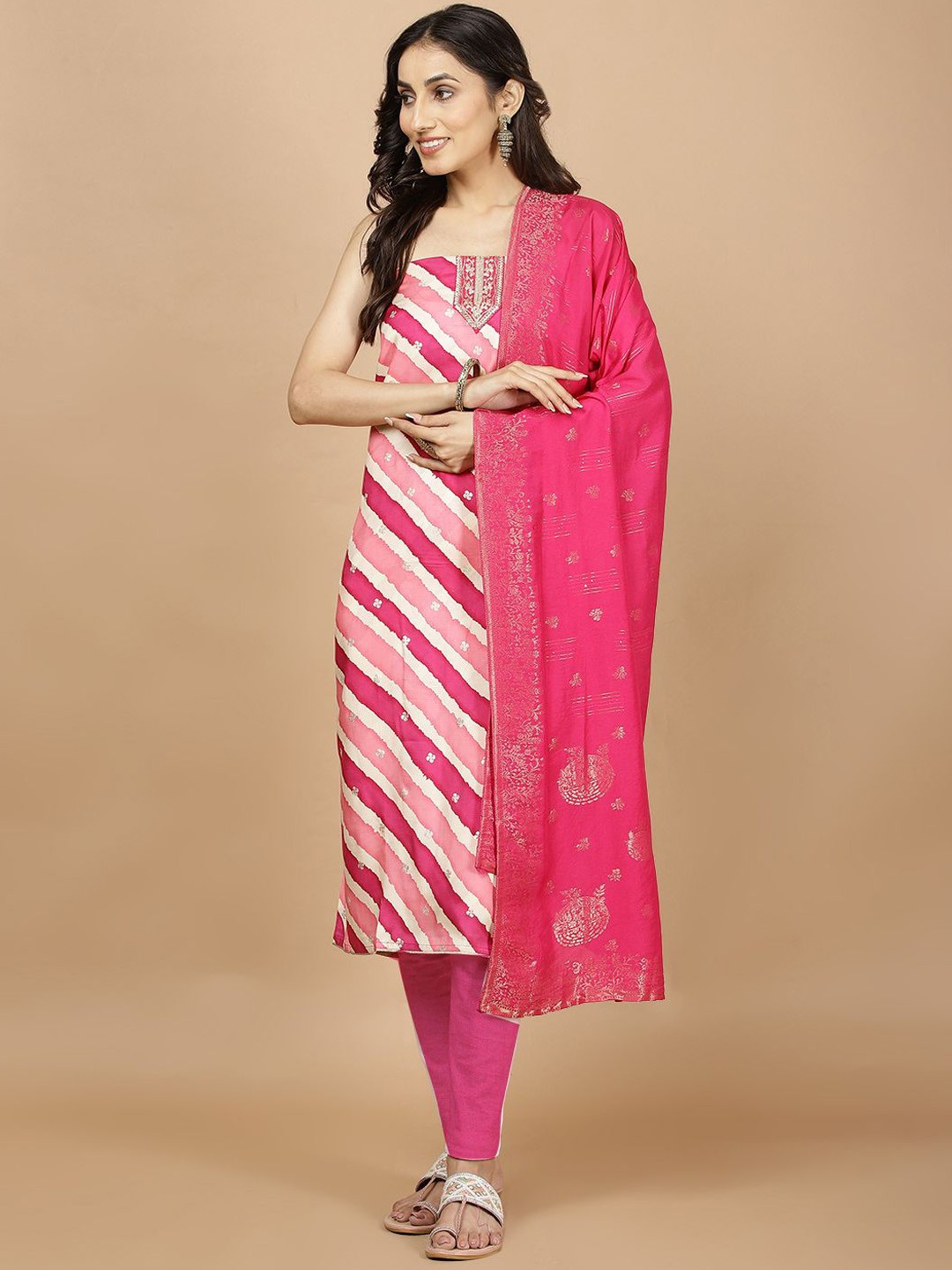 

Meena Bazaar Leheriya Embroidered Sequinned Unstitched Dress Material, Pink