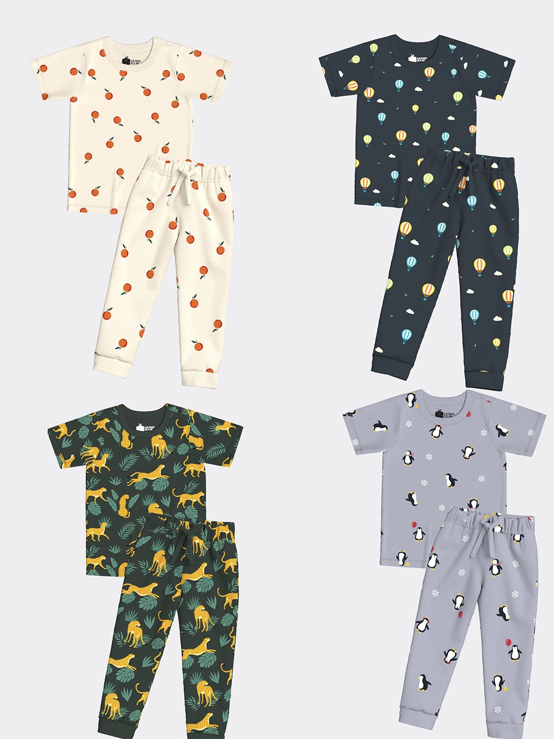 

Orange Sugar Unisex Kids Pack of 4 Printed Pure Cotton T-shirt with Pyjamas, Grey