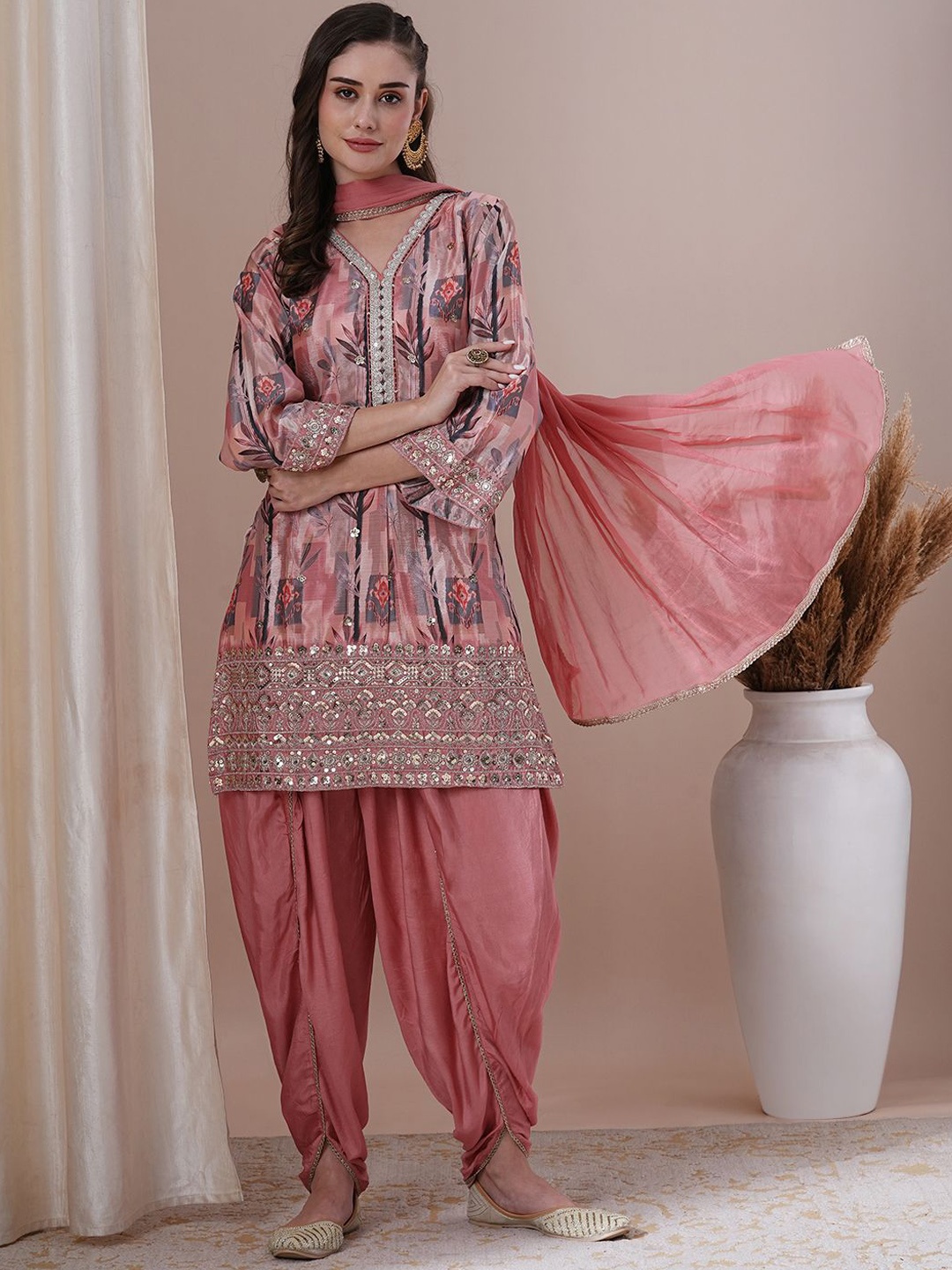 

FASHOR Women Floral Printed Regular Sequinned Silk Crepe Kurta with Dhoti Pants & With Dupatta, Peach