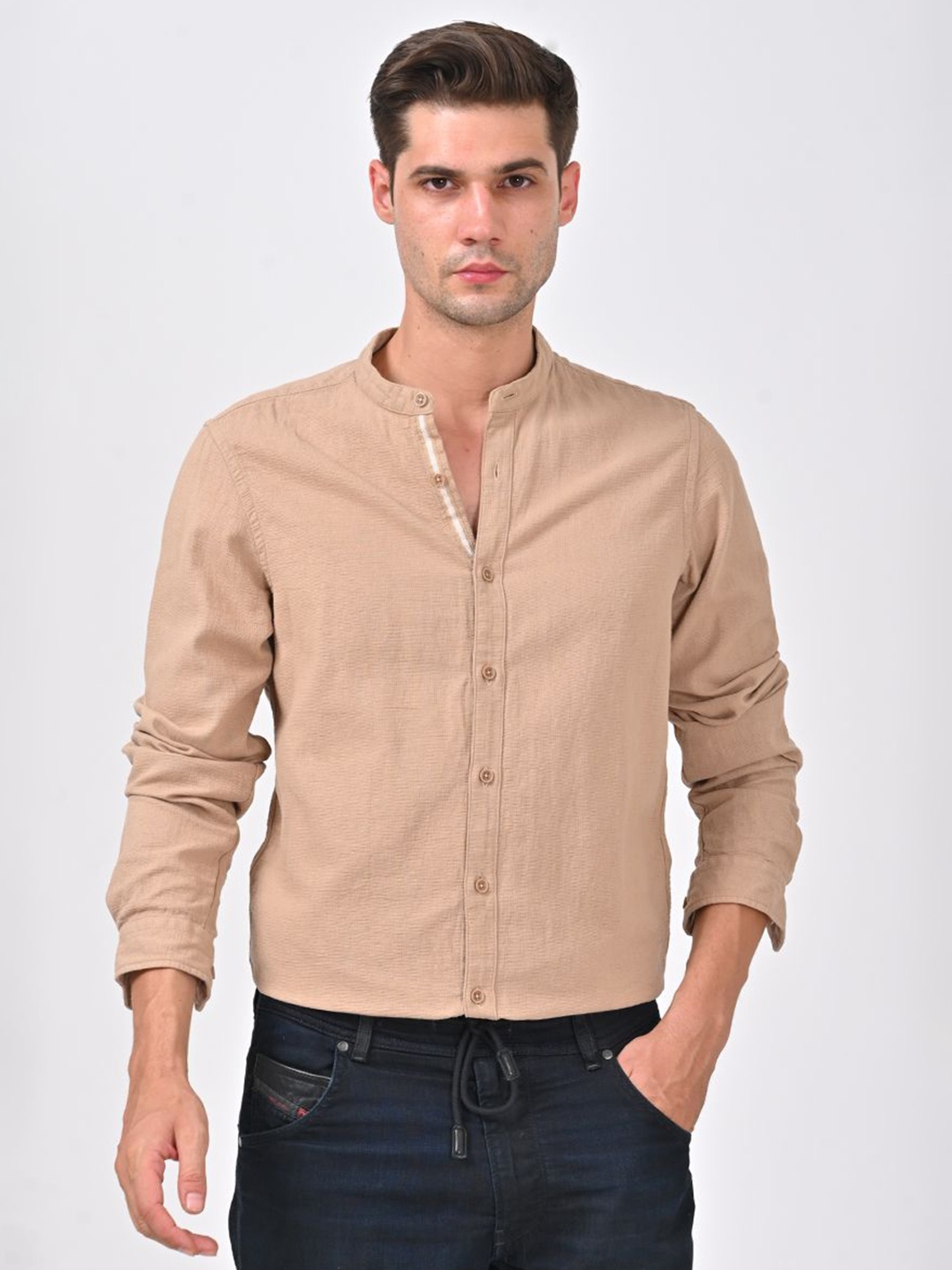 

POE Men Smart Slim Fit Opaque Casual Shirt, Beige