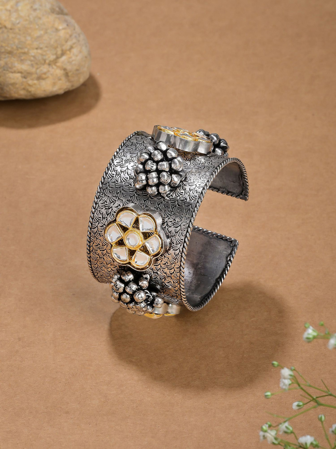 

Designbox Women Kundan Oxidised Cuff Bracelet, Silver