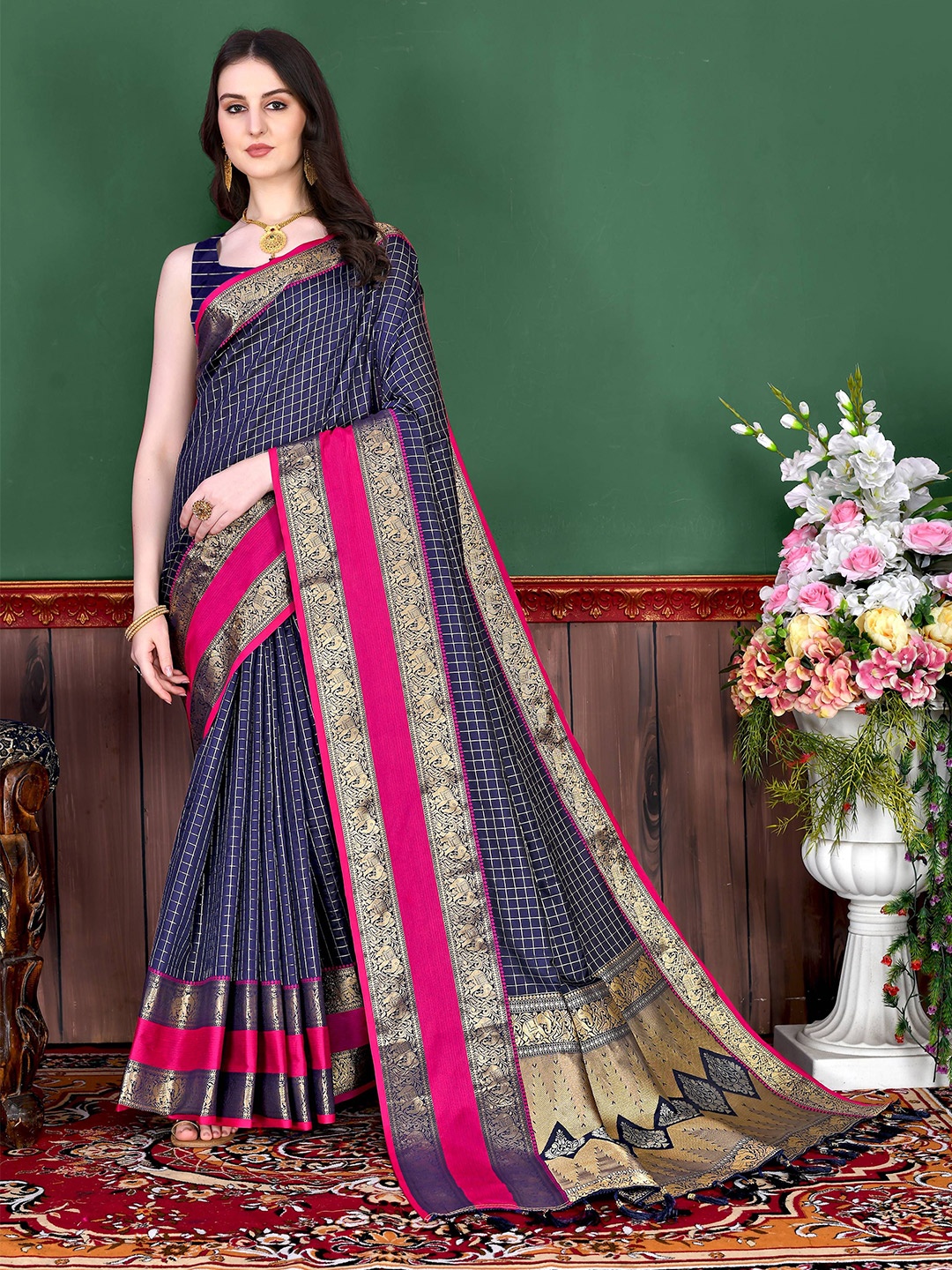 

Zeekha Woven Design Zari Pure Silk Kanjeevaram Saree, Blue