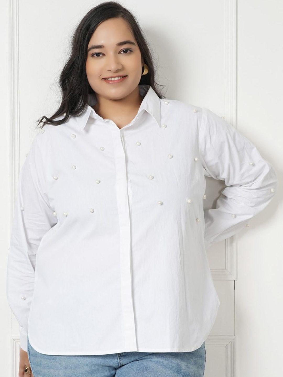 

LastInch Women Plus Size Classic Spread Collar Solid Cotton Casual Shirt, White