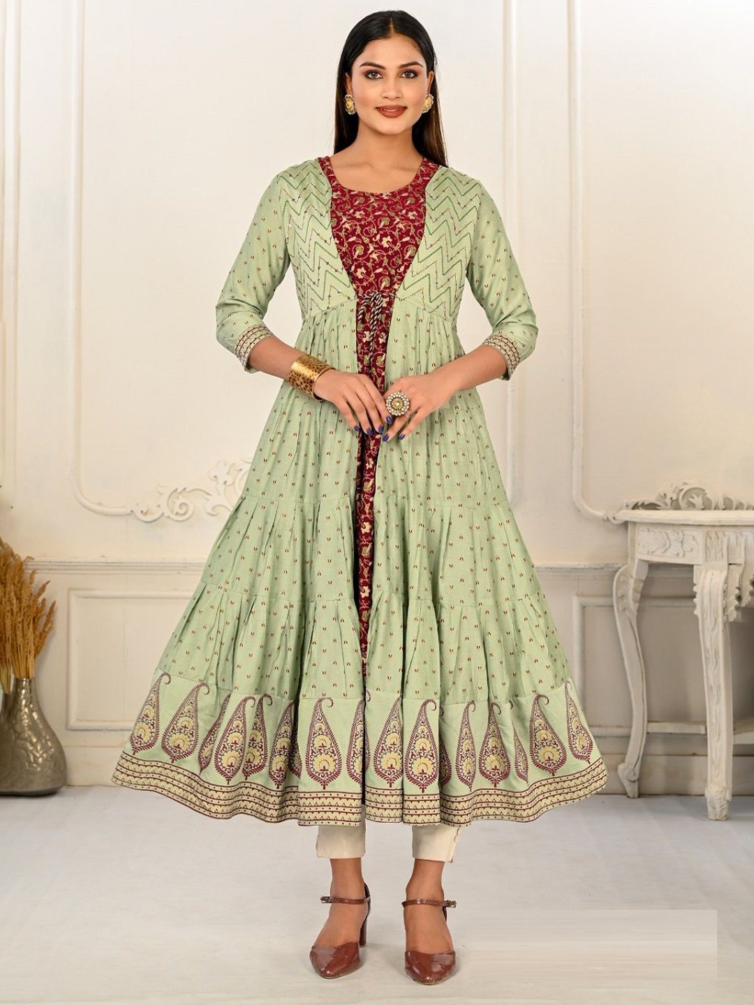 

JIVORA Paisley Printed Floral Anarkali Kurta, Green