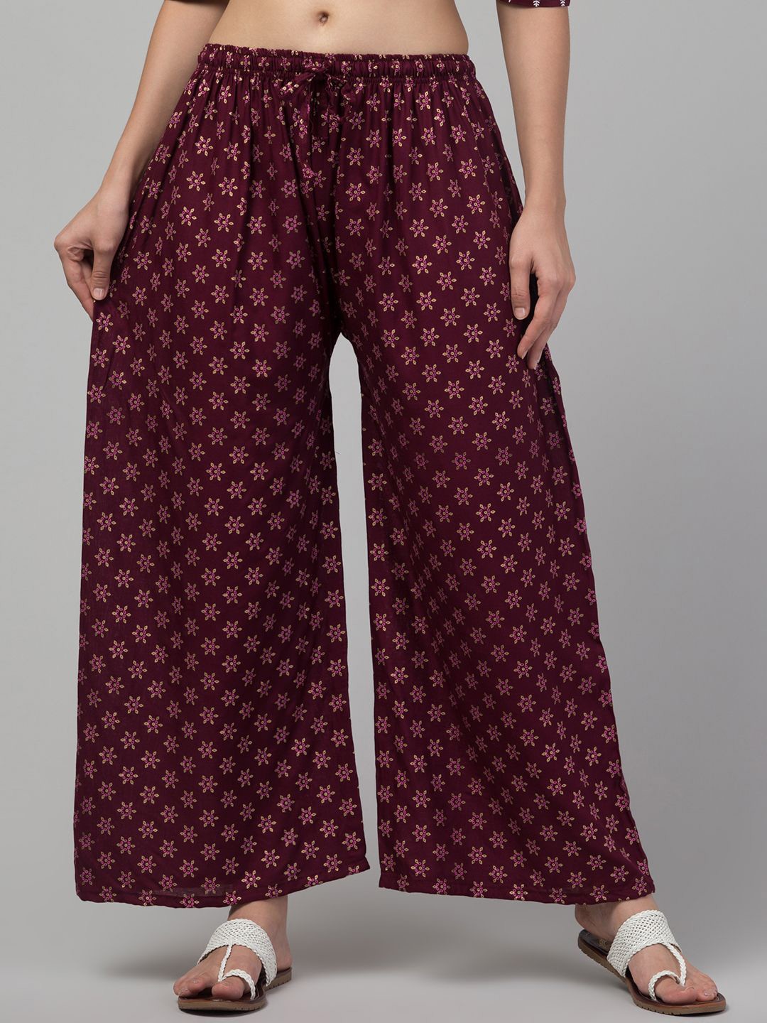 

FAMBEE Women Printed Flared Ethnic Palazzos, Burgundy