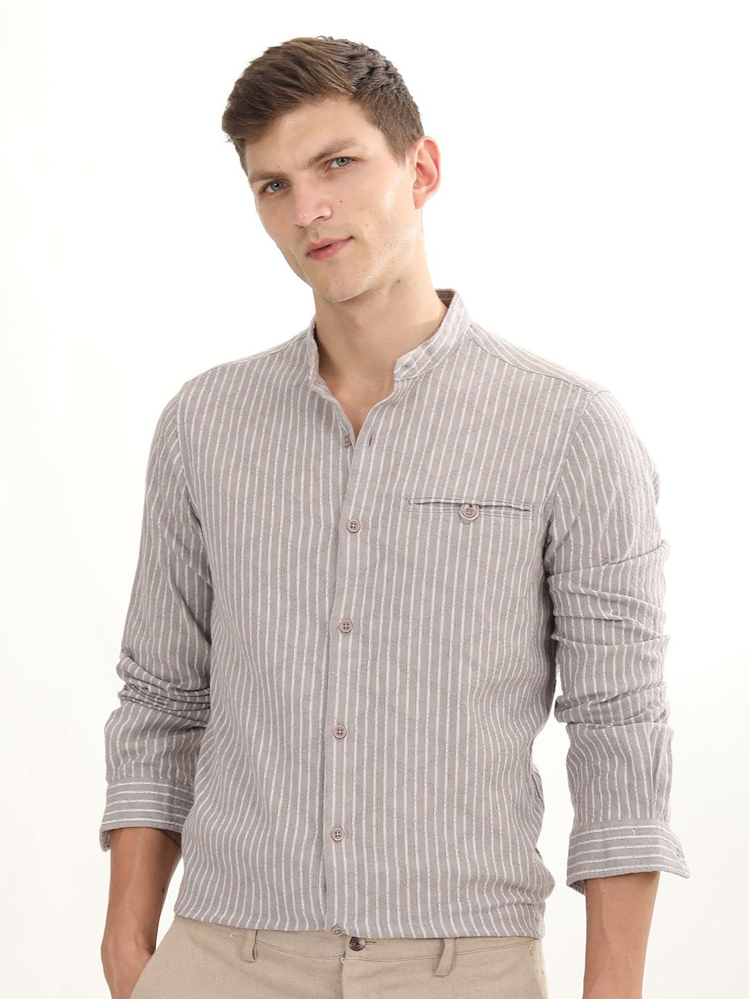 

POE Men Smart Slim Fit Micro Checks Opaque Checked Casual Shirt, Beige