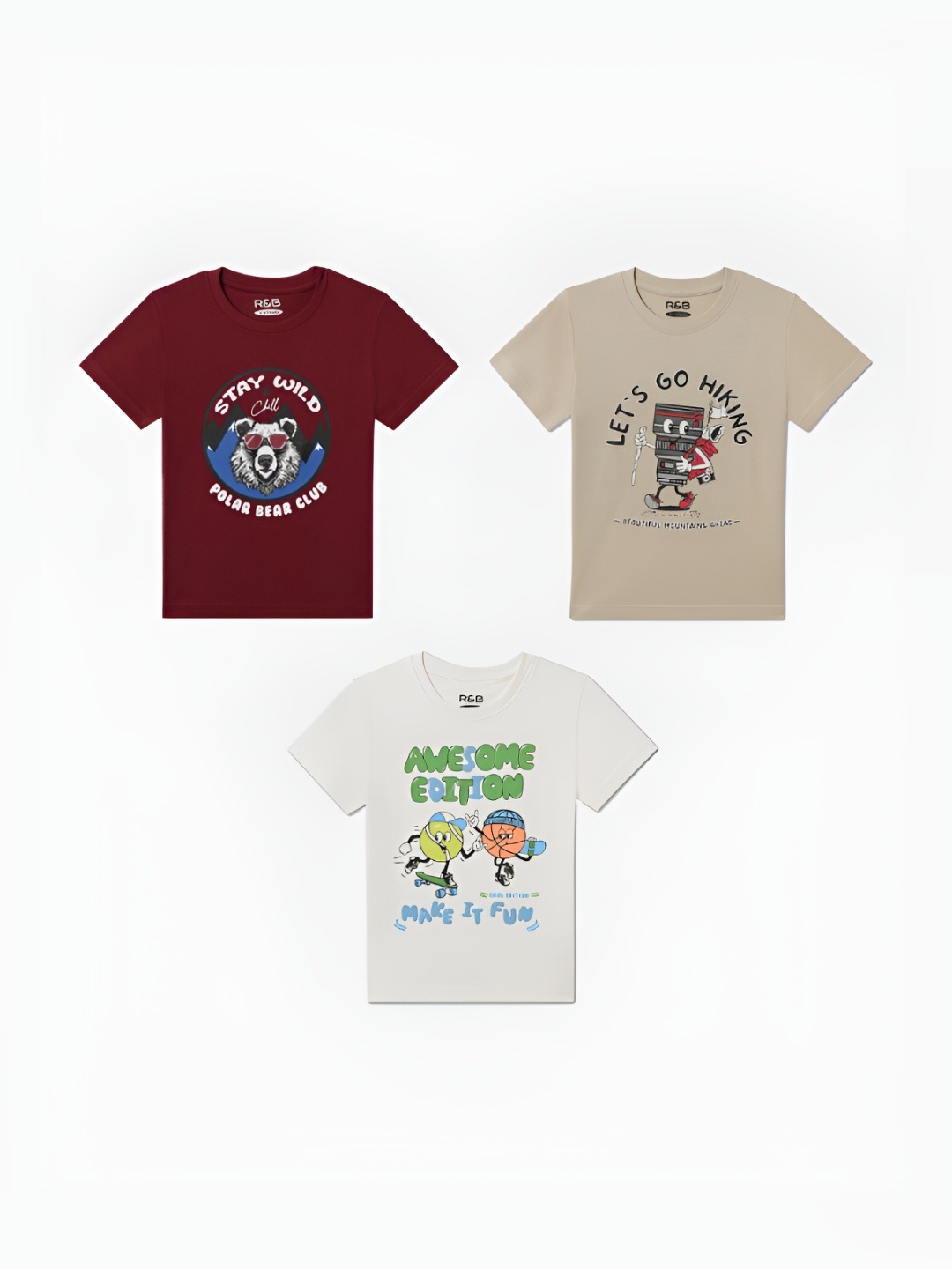 

R&B Boys Pack Of 3 Graphic Printed Round Neck Cotton T-shirts, Maroon