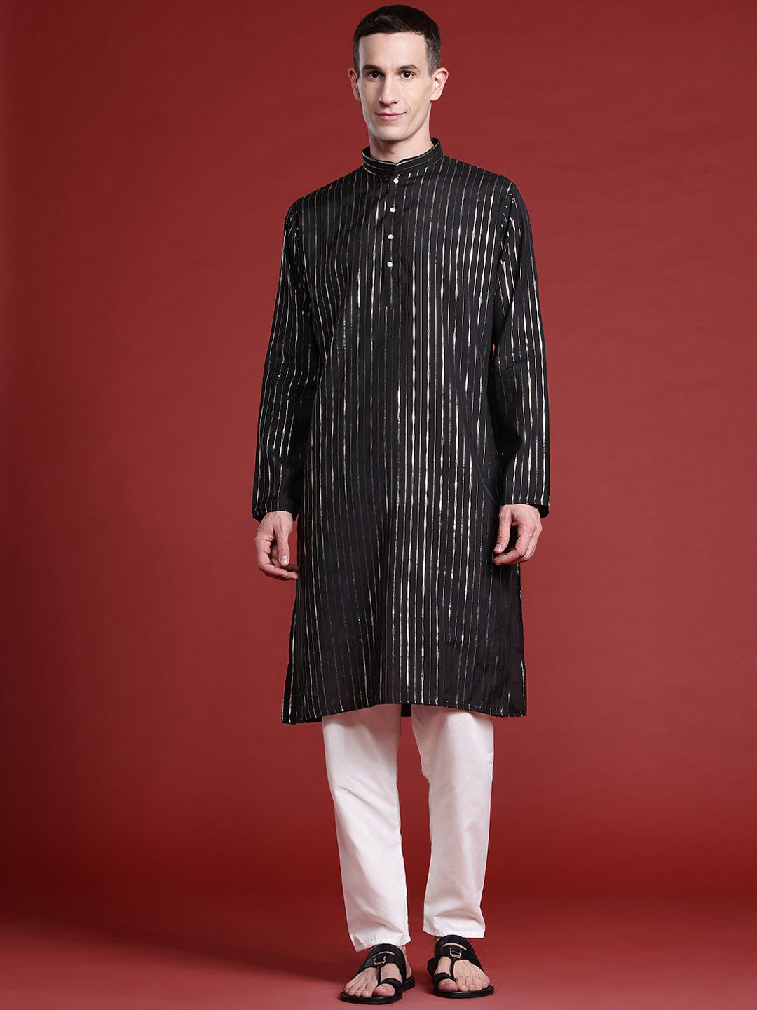 

MANQ Striped Thread Work Mandarin Collar Pure Cotton Straight Kurta, Black