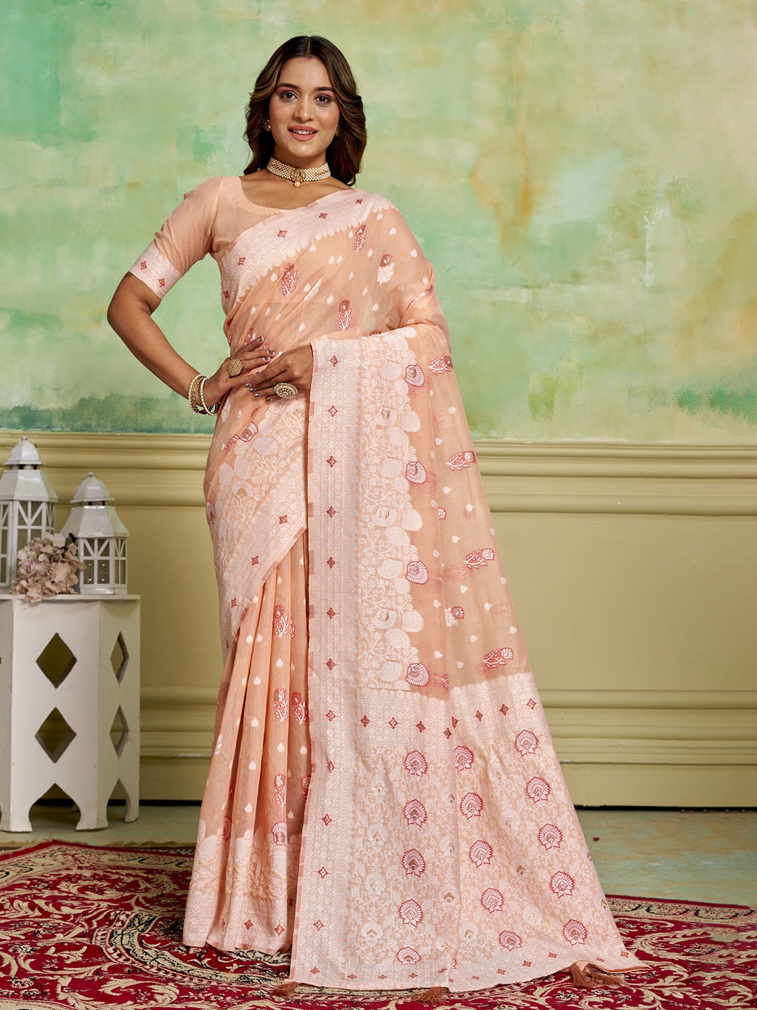 

KAYOMMI Ethnic Motifs Printed Zari Pure Cotton Banarasi Saree, Peach