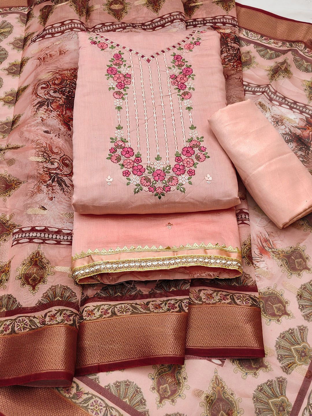 

Lilots Unstitched Dress Material, Peach