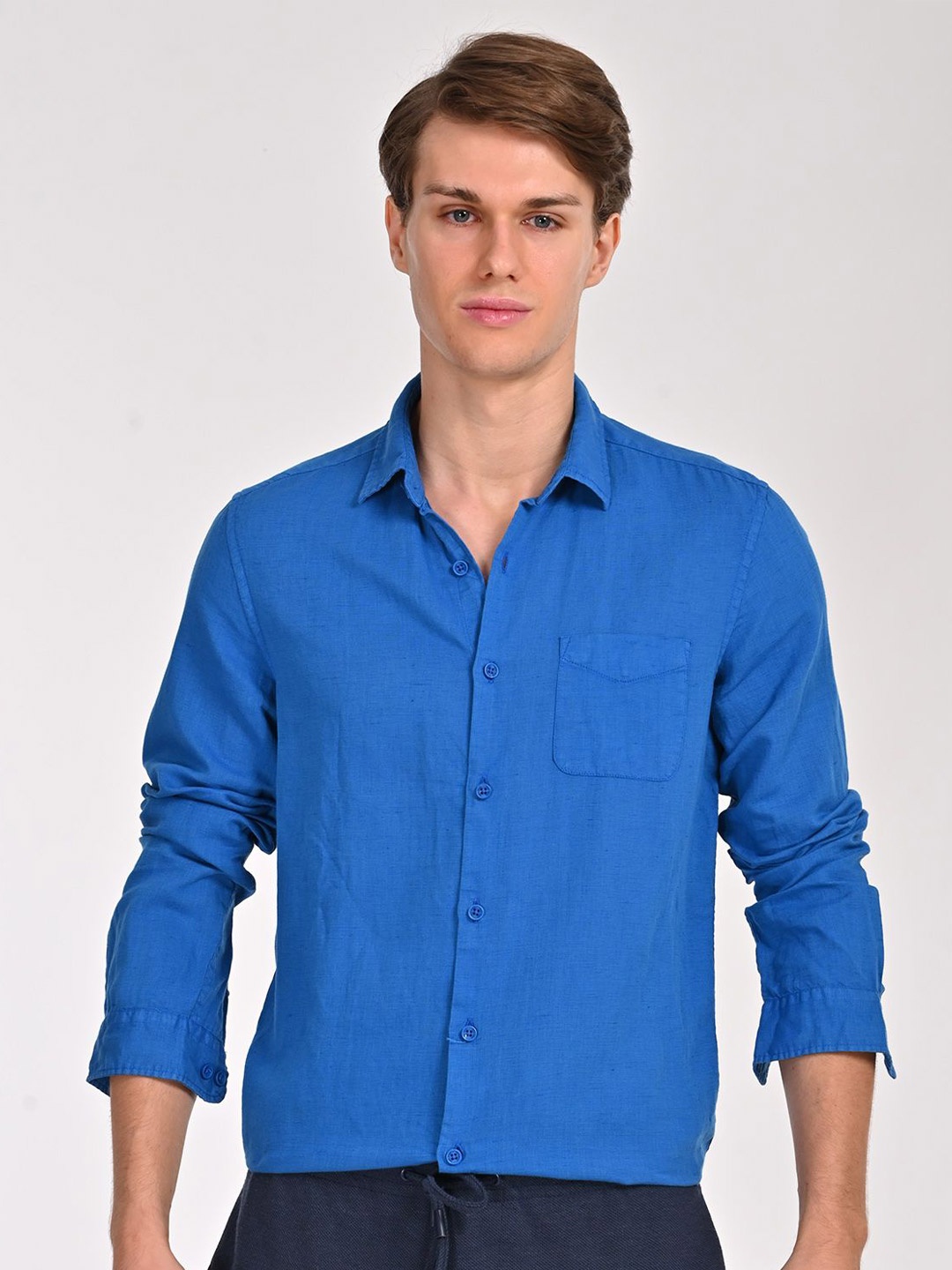 

POE Men Smart Slim Fit Opaque Casual Shirt, Blue