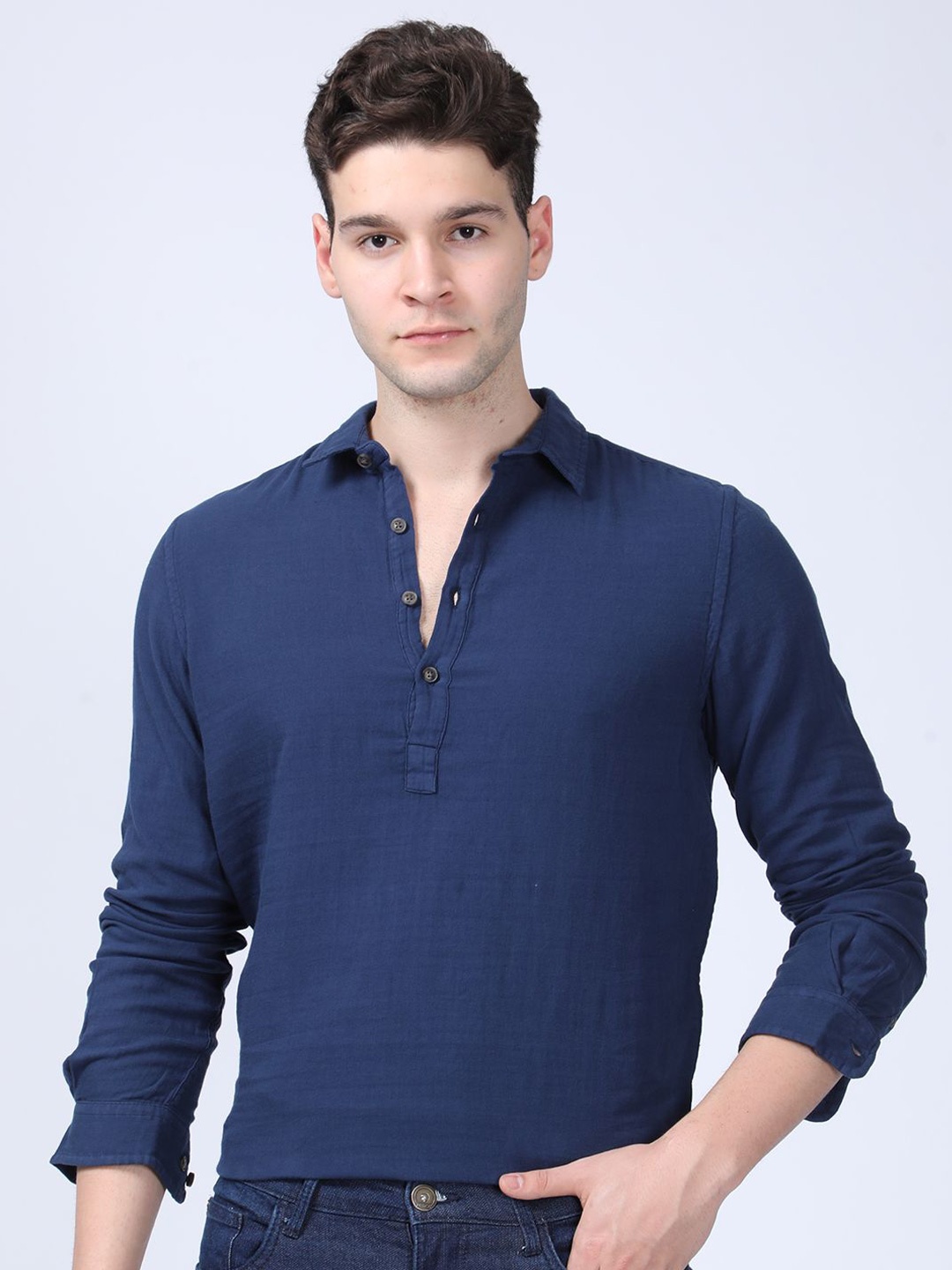 

POE Men Smart Slim Fit Opaque Casual Shirt, Blue