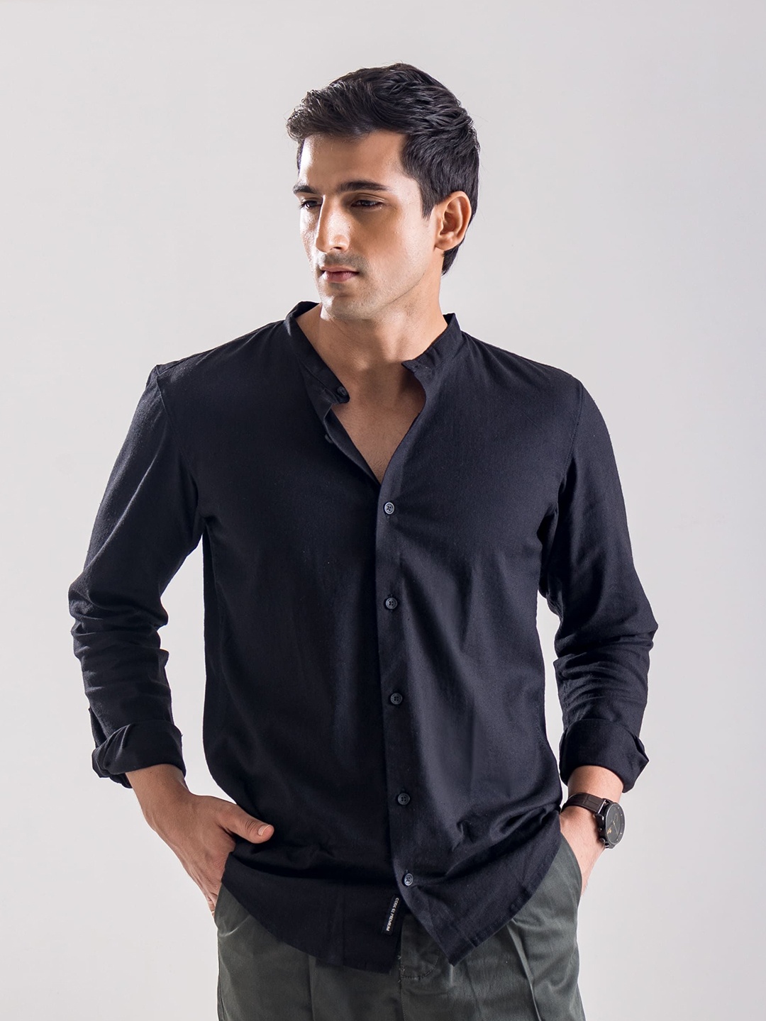 

Code 61 Men Standard Mandarin Collar Solid Cotton Casual Shirt, Black