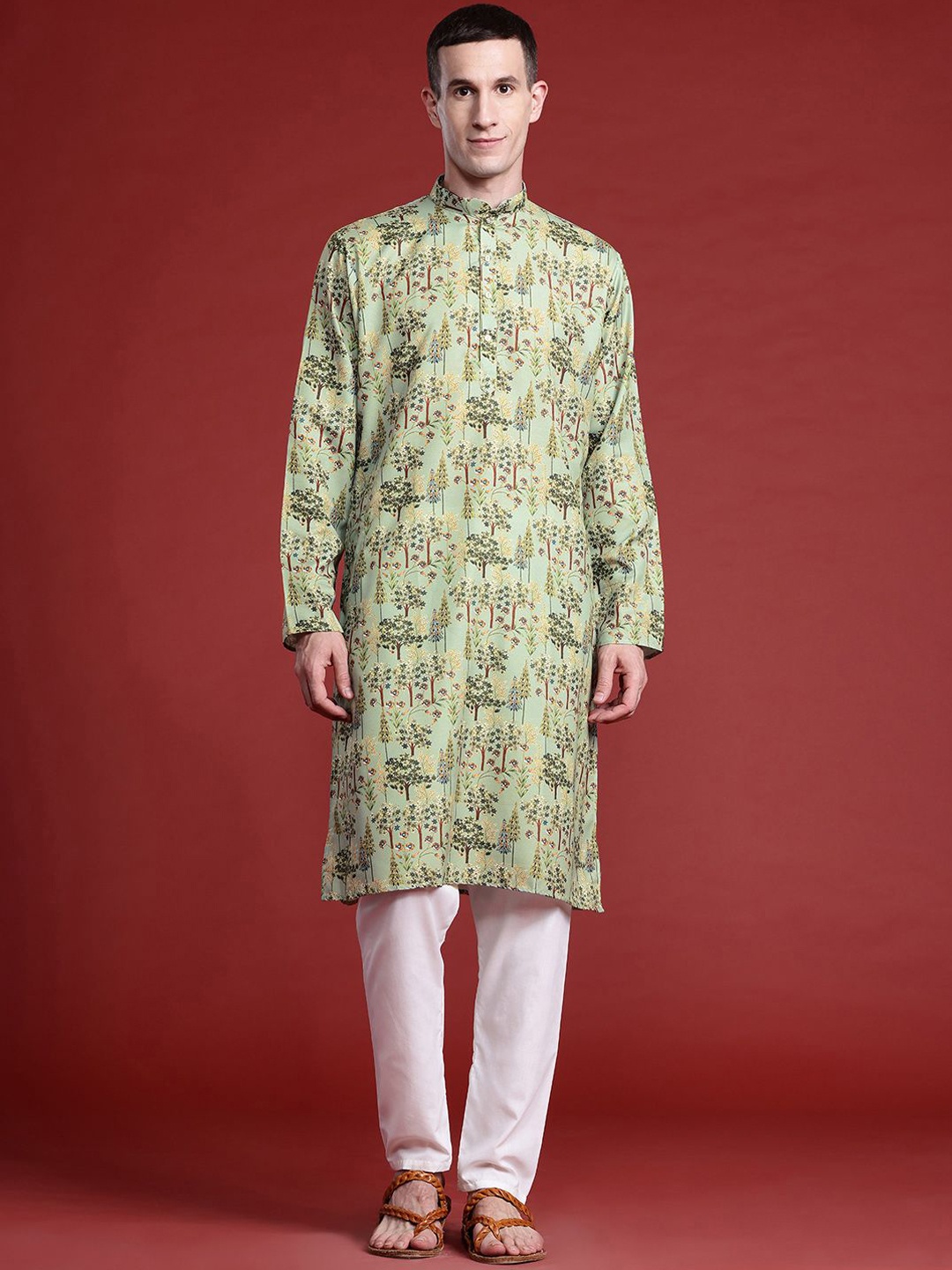 

MANQ Floral Printed Mandarin Collar Pure Cotton Straight Kurta, Green