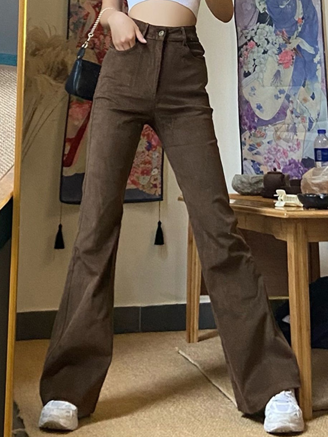 

KPOP Women Original Slim Fit Wide Leg Trousers, Brown