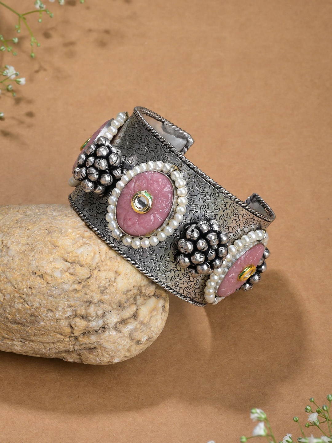 

Designbox Women Kundan Oxidised Cuff Bracelet, Silver