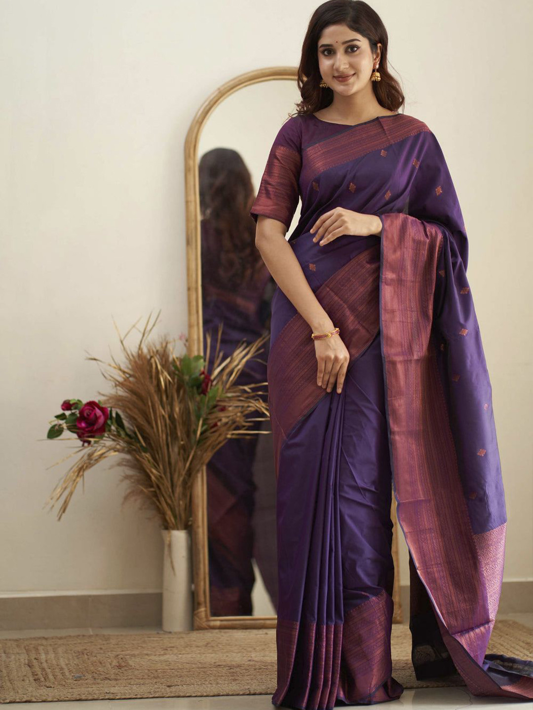 

Wuxi Ethnic Motifs Woven Design Zari Pure Silk Banarasi Saree, Purple