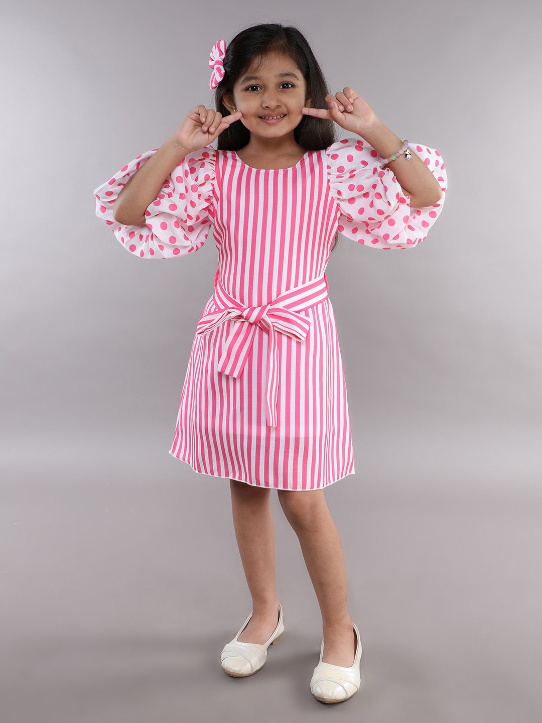 

Pink Chick Polka Dot Striped Puff Sleeve A-Line Dress