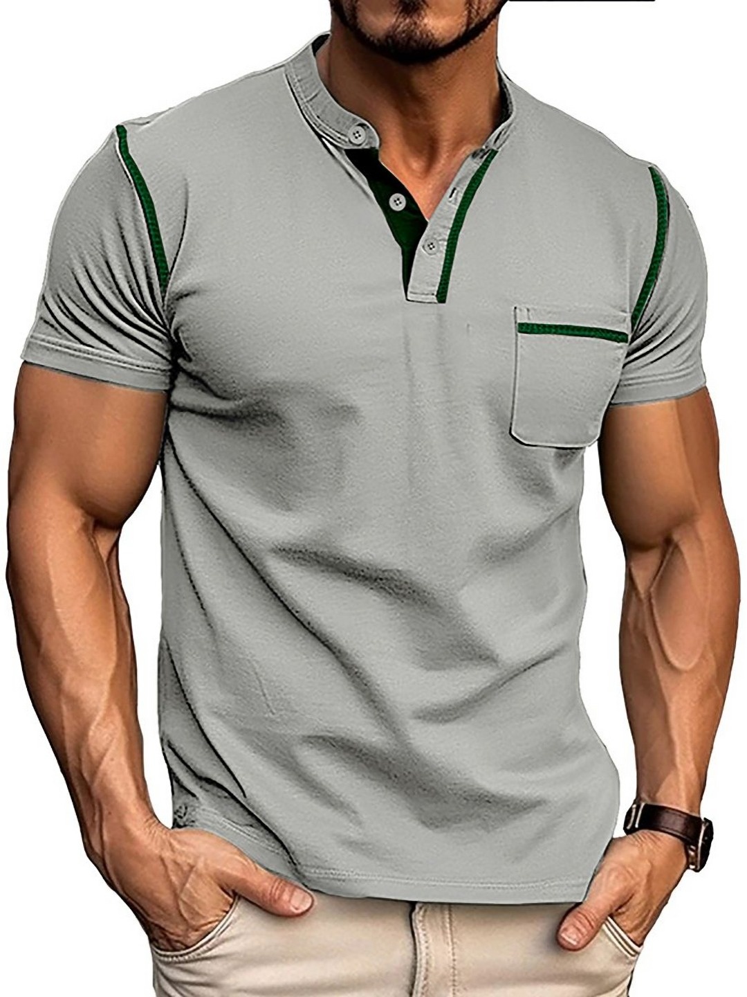 

StyleCast x Revolte Men Solid Henley Neck Cotton T-shirt, Grey