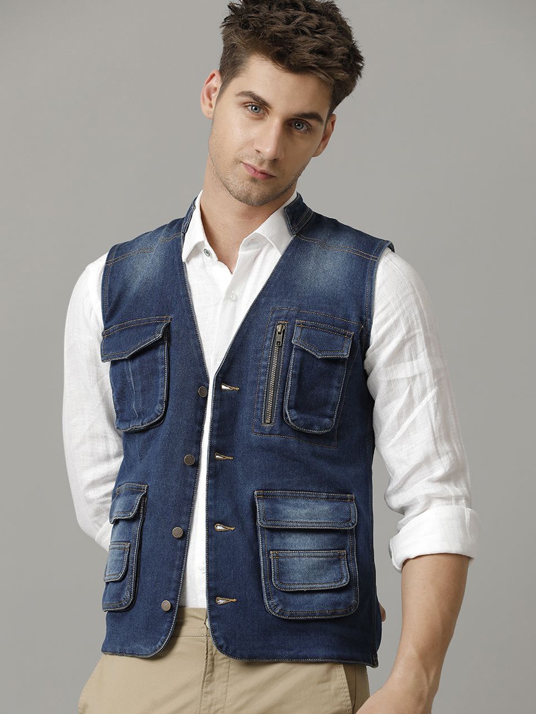 

TEMPLE OF DENIM Men Outdoor Denim Jacket with Patchwork, Blue
