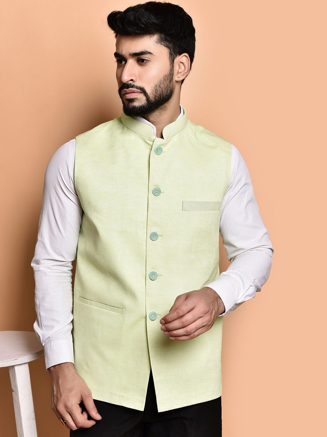 

PRINTCULTR Woven Nehru Jacket, Cream
