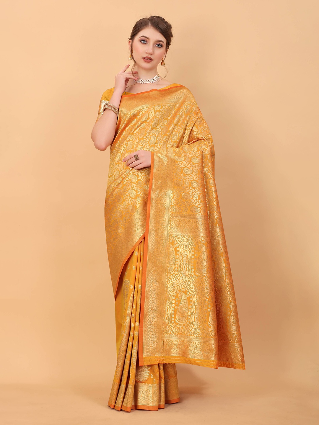 

Zeekha Woven Design Zari Pure Silk Kanjeevaram Saree, Mustard