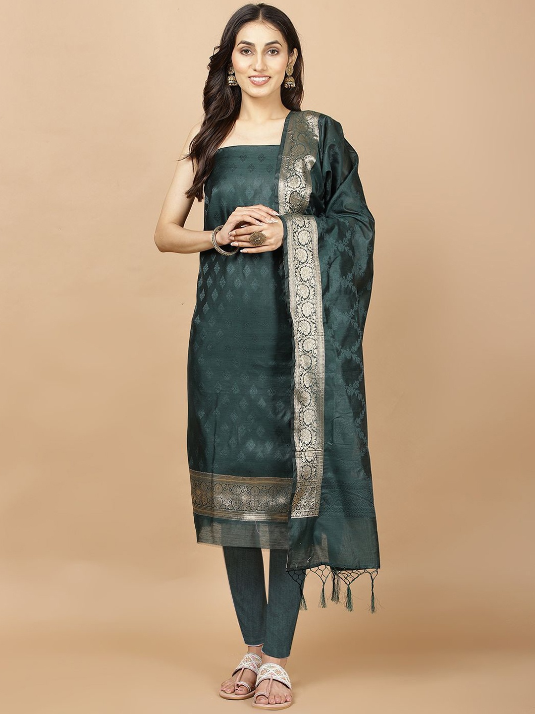 

Meena Bazaar Ethnic Motifs Woven Design Art Silk Unstitched Dress Material, Green