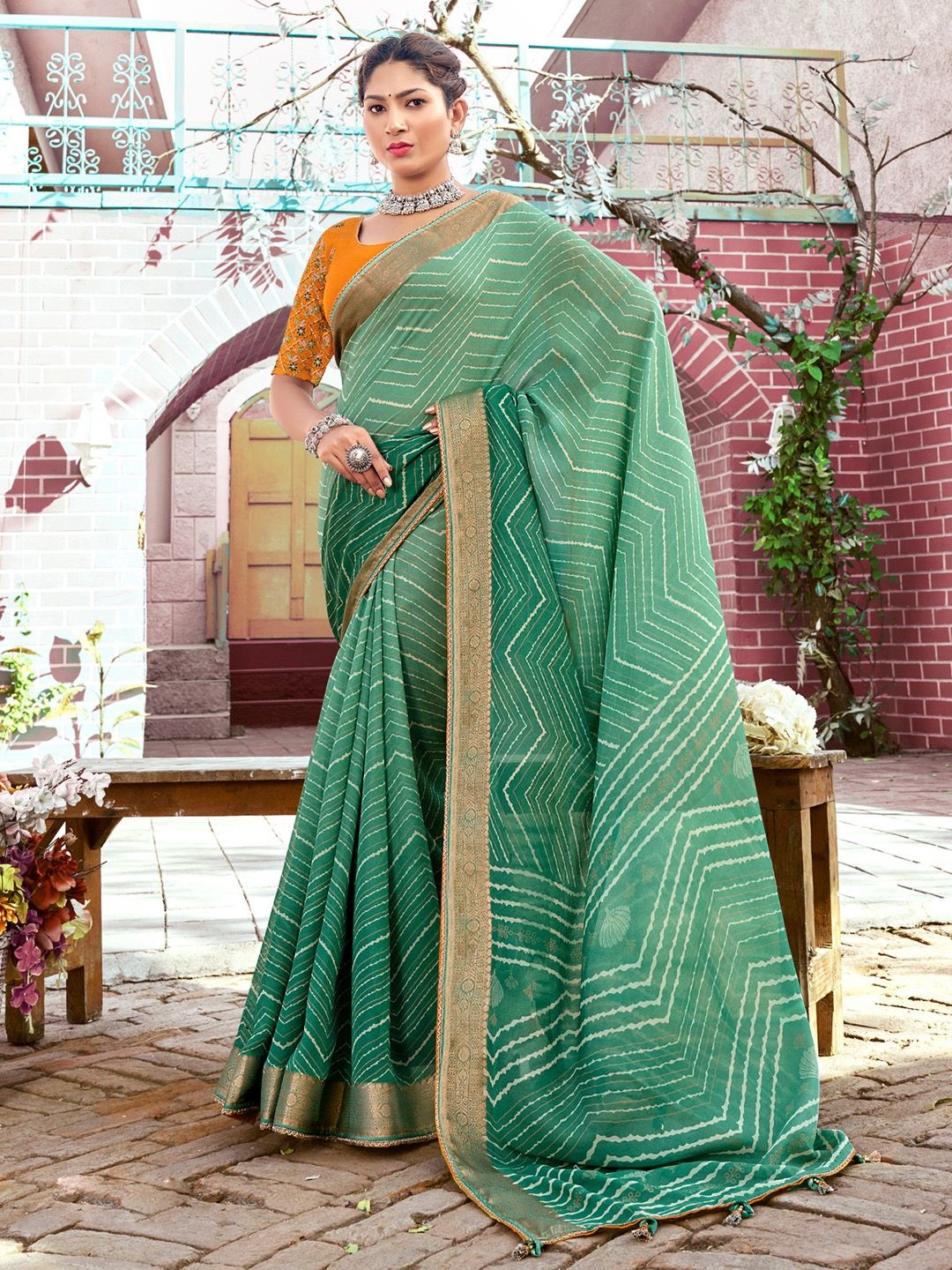 

Saree mall Zari Ethnic Printed Party Wear Saree Sarees, Sea green