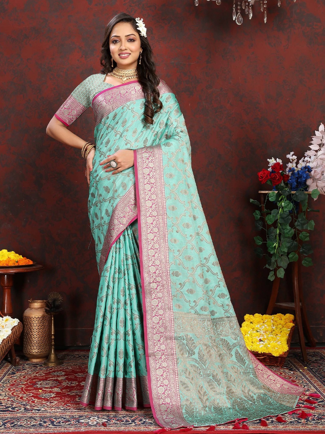 

Zeekha Woven Design Zari Pure Silk Kanjeevaram Saree, Turquoise blue