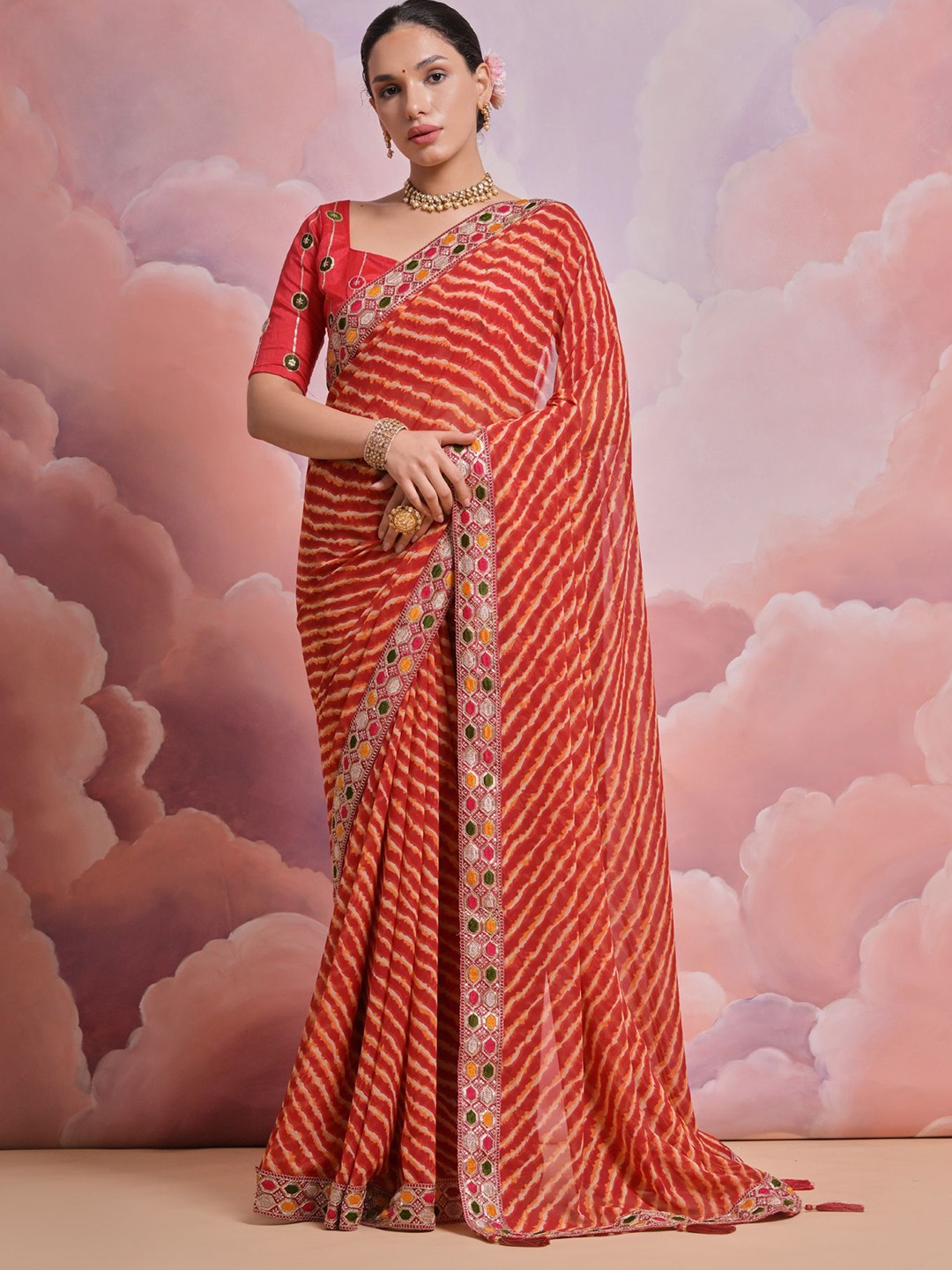 

Mitera Leheriya Embroidered Striped Saree, Orange