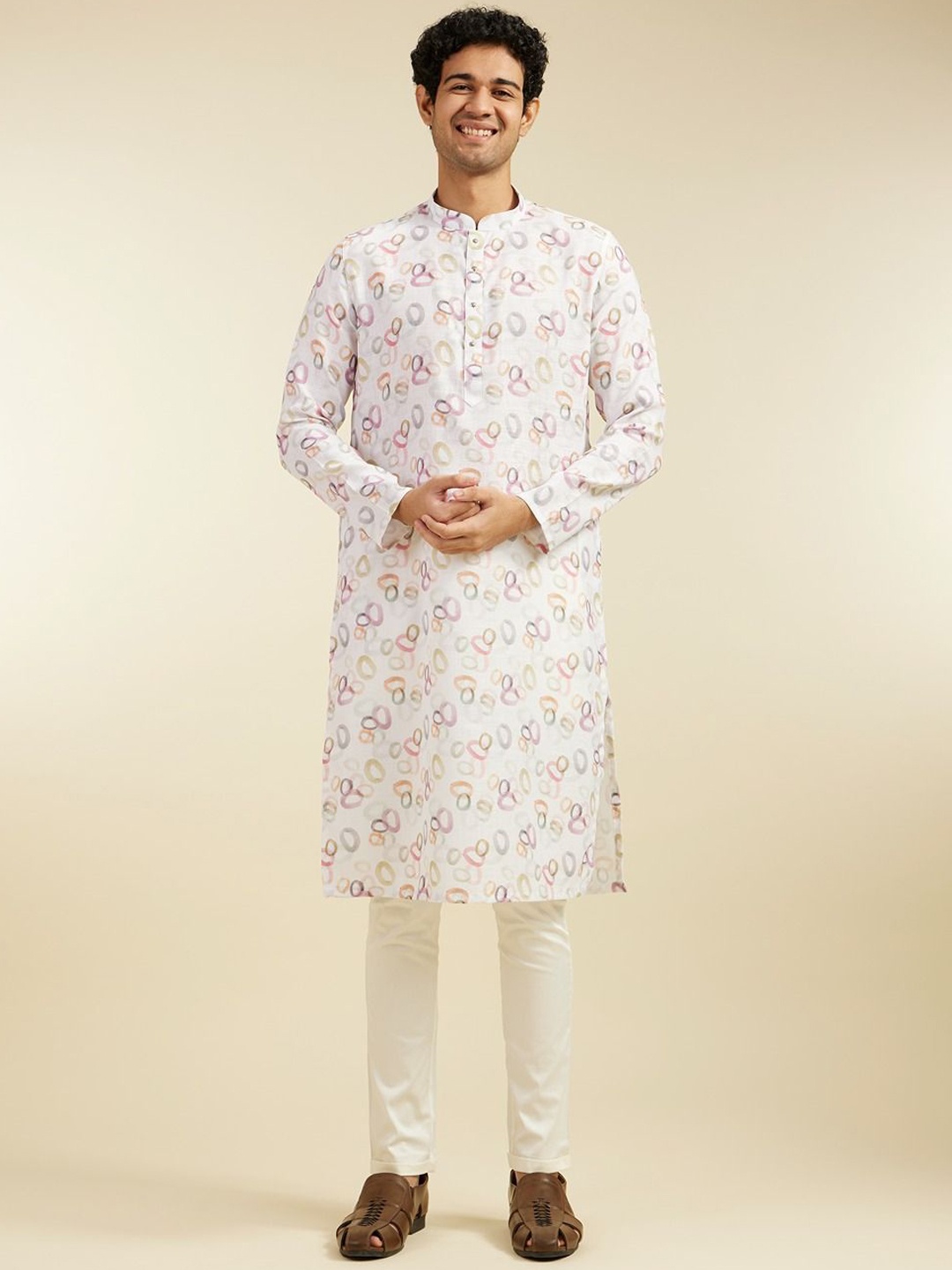 

Diwas by Manyavar Geometric Printed Mandarin Collar Straight Kurta, White